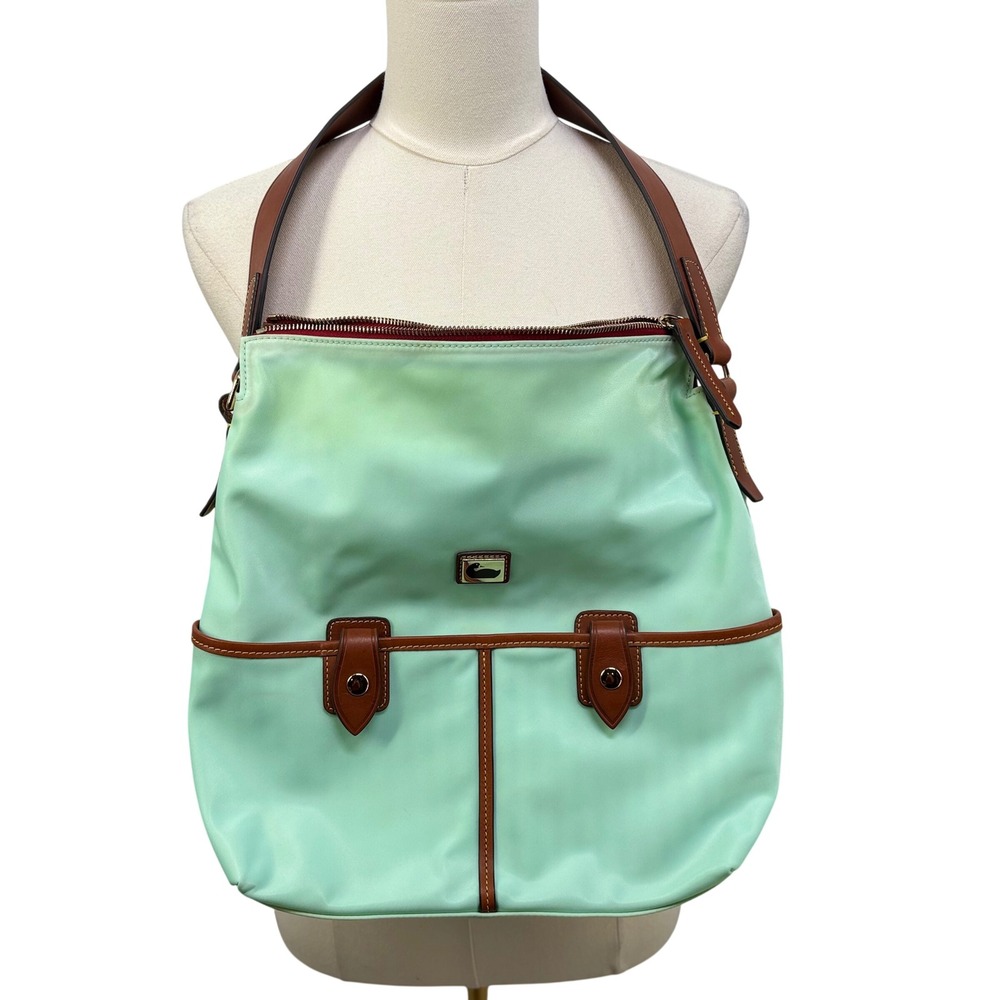 Dooney & Bourke Mint Green Nylon Hobo Shoulder Bag Leather Trim and Pouch READ